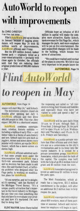 AutoWorld (Six Flags AutoWorld) - 1985 ARTICLE ABOUT RE-OPENING
